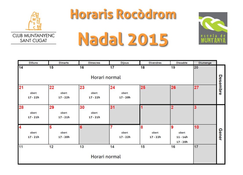 Horaris Rocodrom Nadal 2015